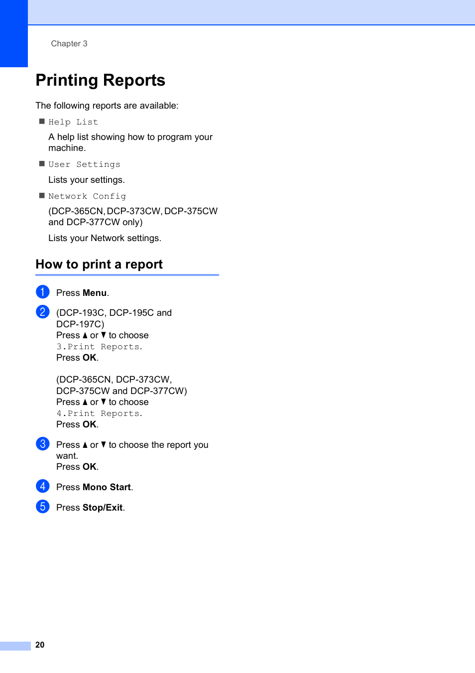 Printing reports, How to print a report | Brother DCP-193C User Manual | Page 28 / 118