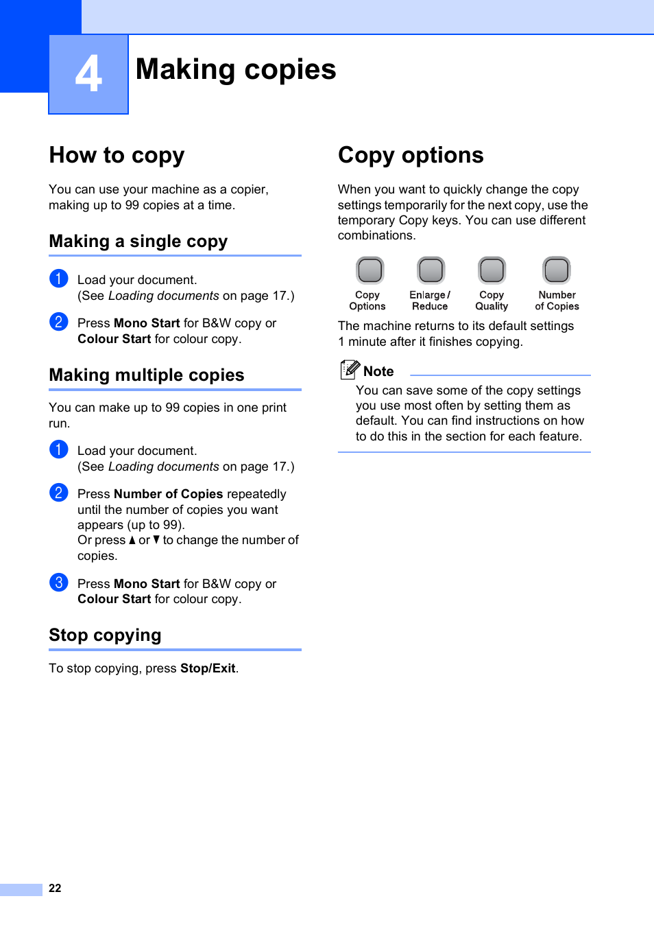 4 making copies, How to copy, Making a single copy | Making multiple copies, Stop copying, Copy options, Making copies | Brother DCP-193C User Manual | Page 30 / 118