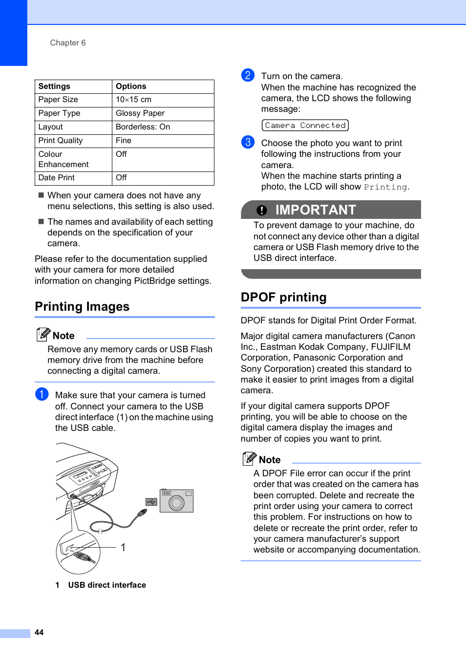 Printing images, Dpof printing, Printing images dpof printing | Important | Brother DCP-193C User Manual | Page 52 / 118