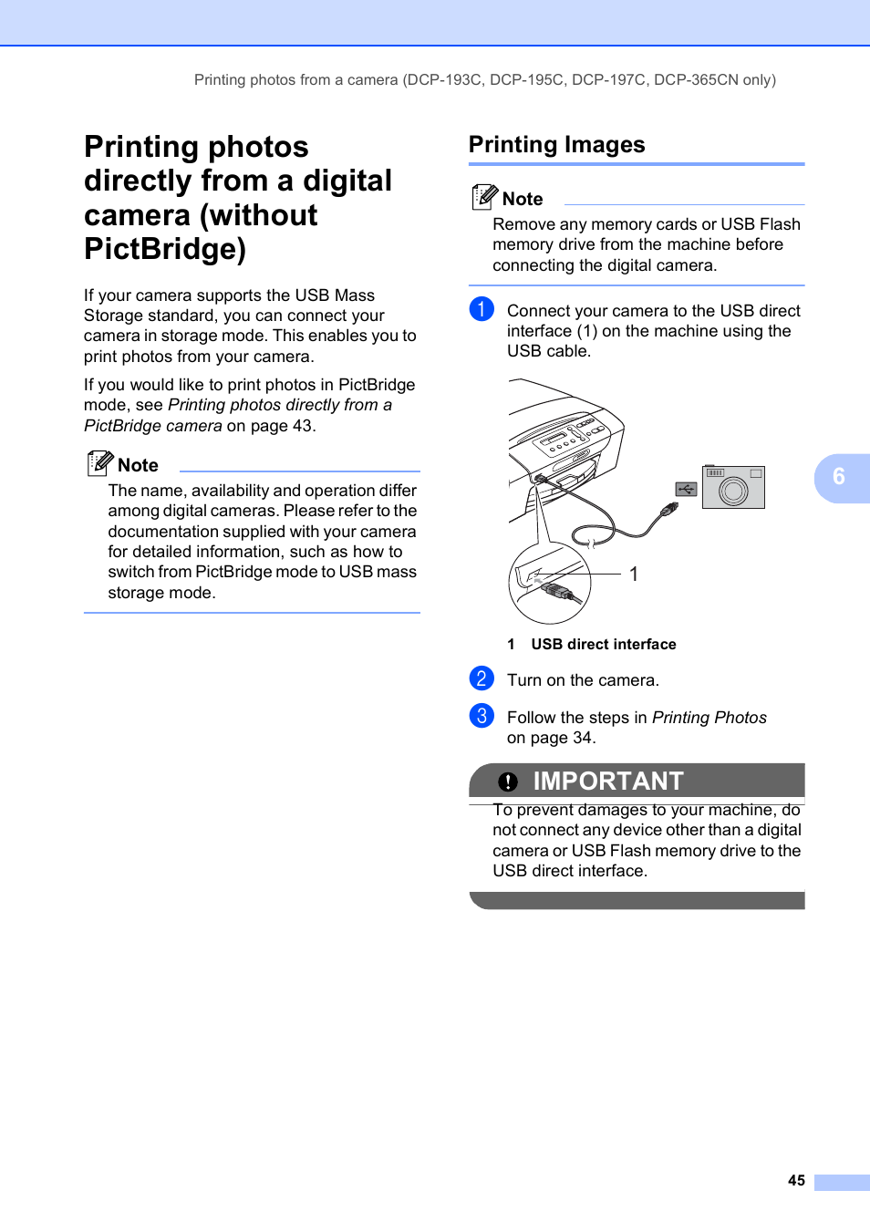 Printing images, Important | Brother DCP-193C User Manual | Page 53 / 118