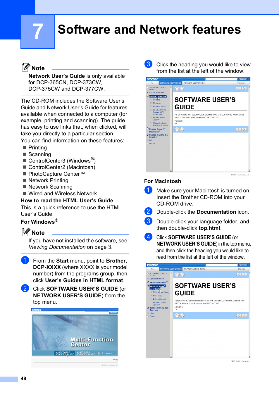 7 software and network features, Software and network features | Brother DCP-193C User Manual | Page 56 / 118