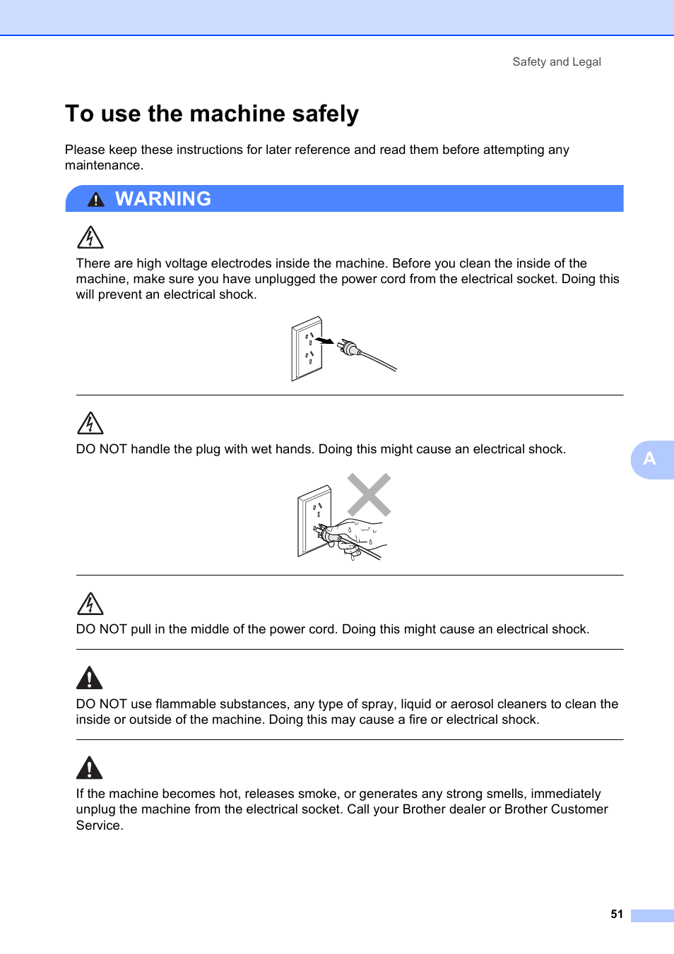 To use the machine safely, Warning, Safety and legal 51 | Brother DCP-193C User Manual | Page 59 / 118