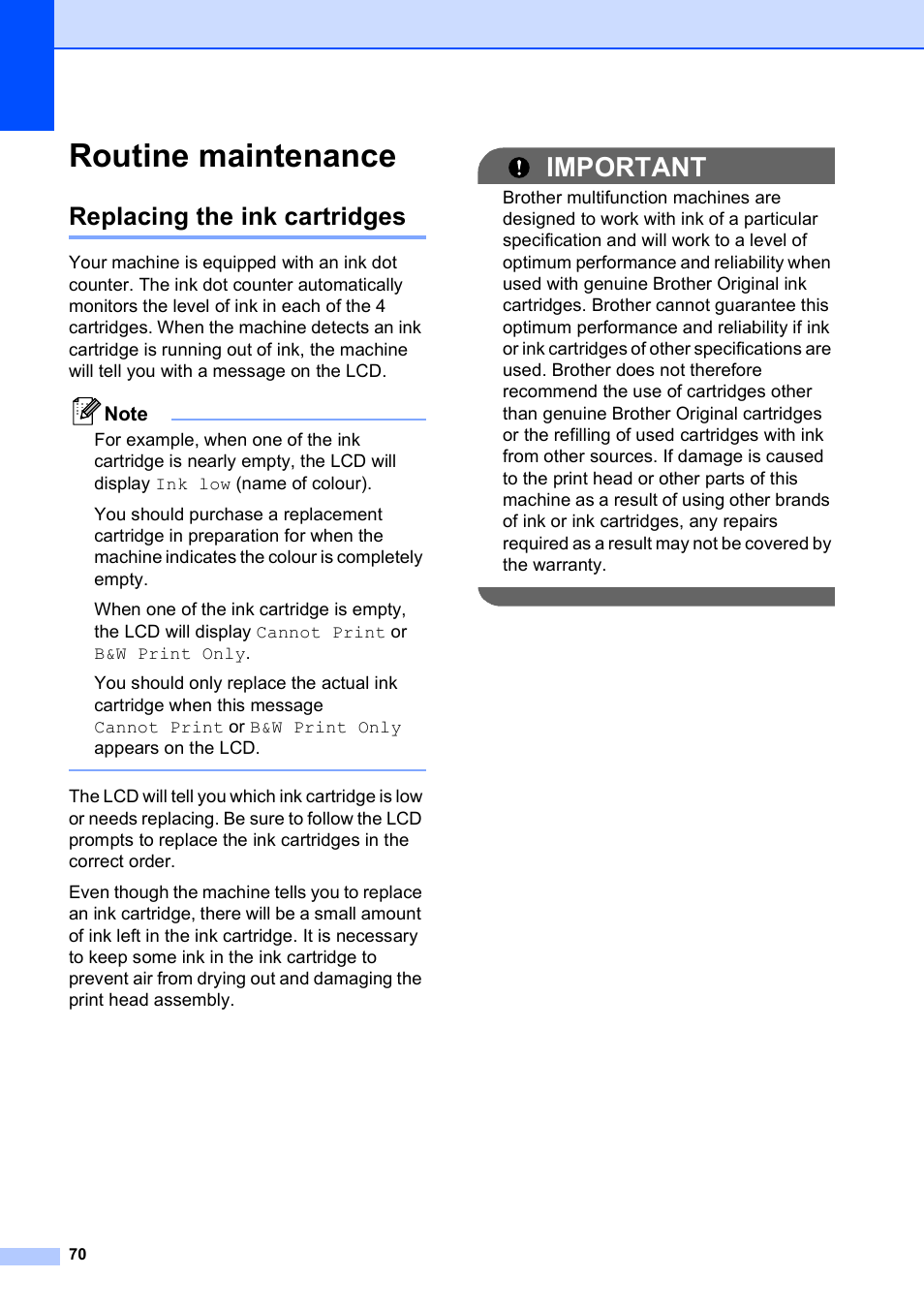 Routine maintenance, Replacing the ink cartridges, Important | Brother DCP-193C User Manual | Page 78 / 118