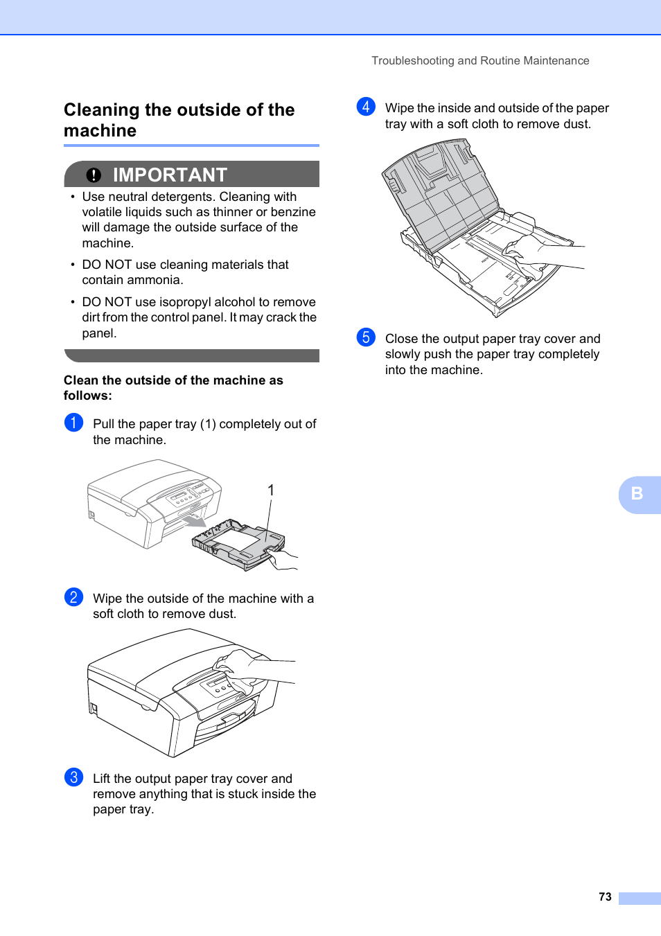 Cleaning the outside of the machine, Important, Bcleaning the outside of the machine | Brother DCP-193C User Manual | Page 81 / 118