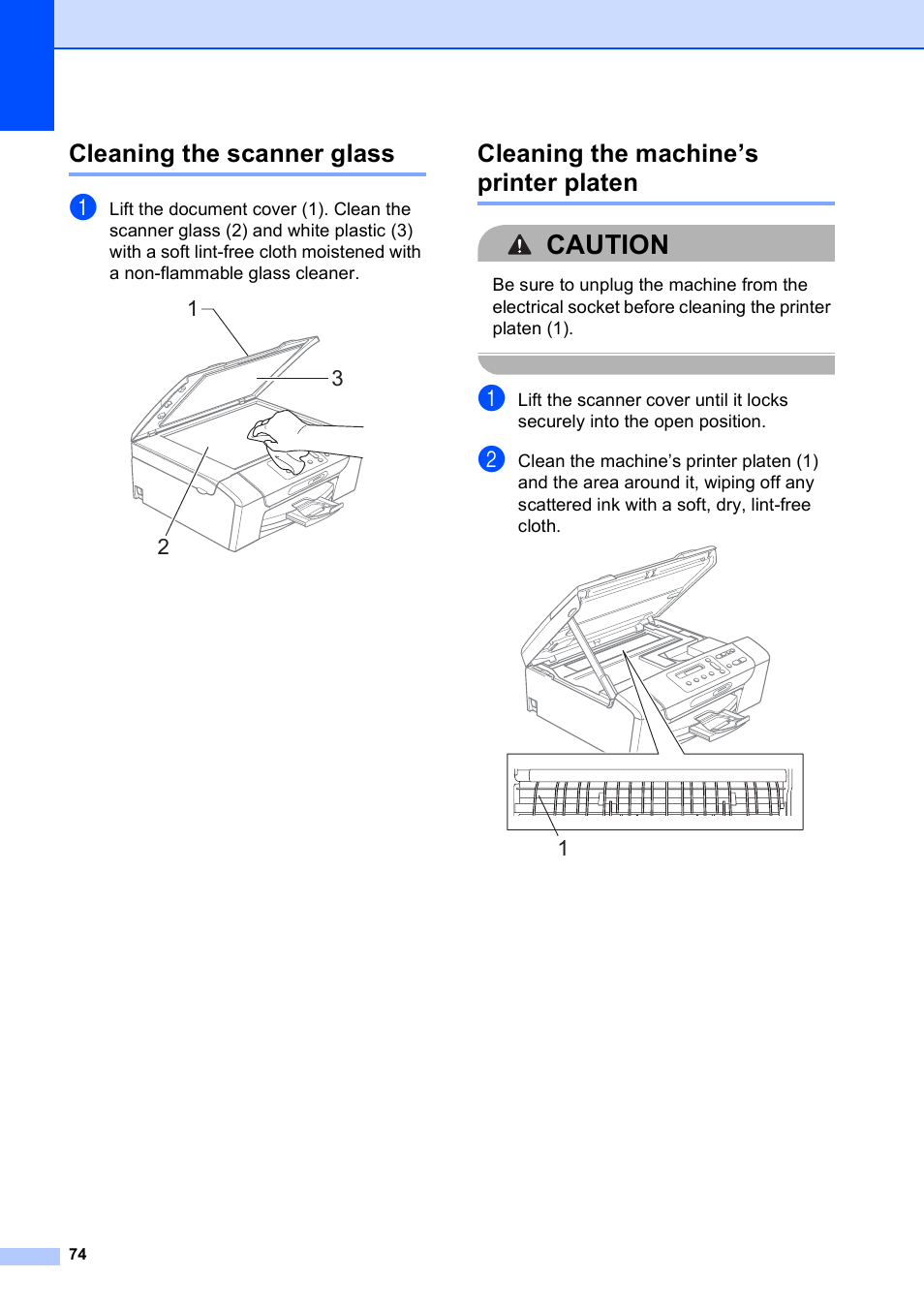 Cleaning the scanner glass, Cleaning the machine’s printer platen, Caution | Brother DCP-193C User Manual | Page 82 / 118