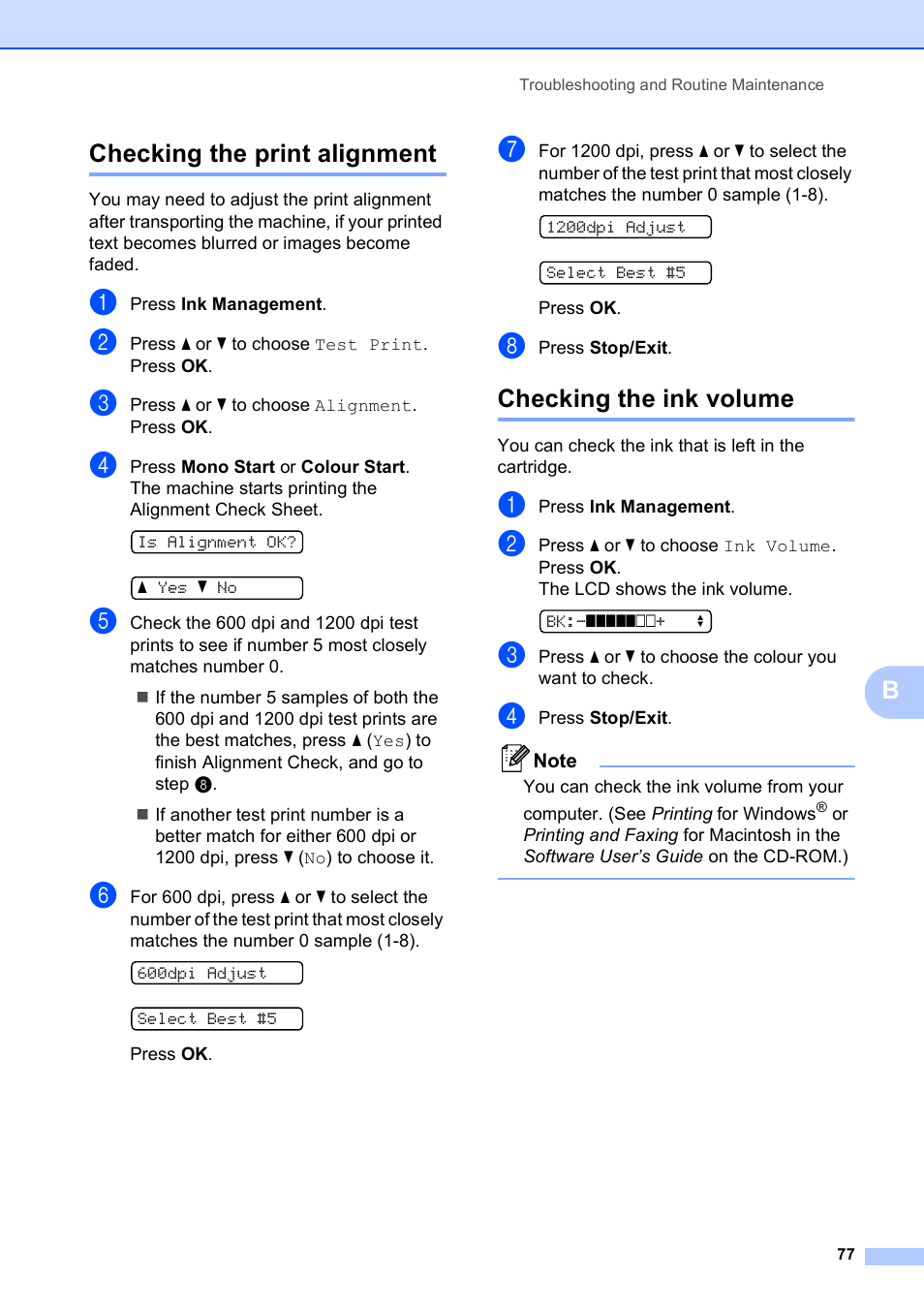 Checking the print alignment, Checking the ink volume, Bchecking the print alignment | Brother DCP-193C User Manual | Page 85 / 118
