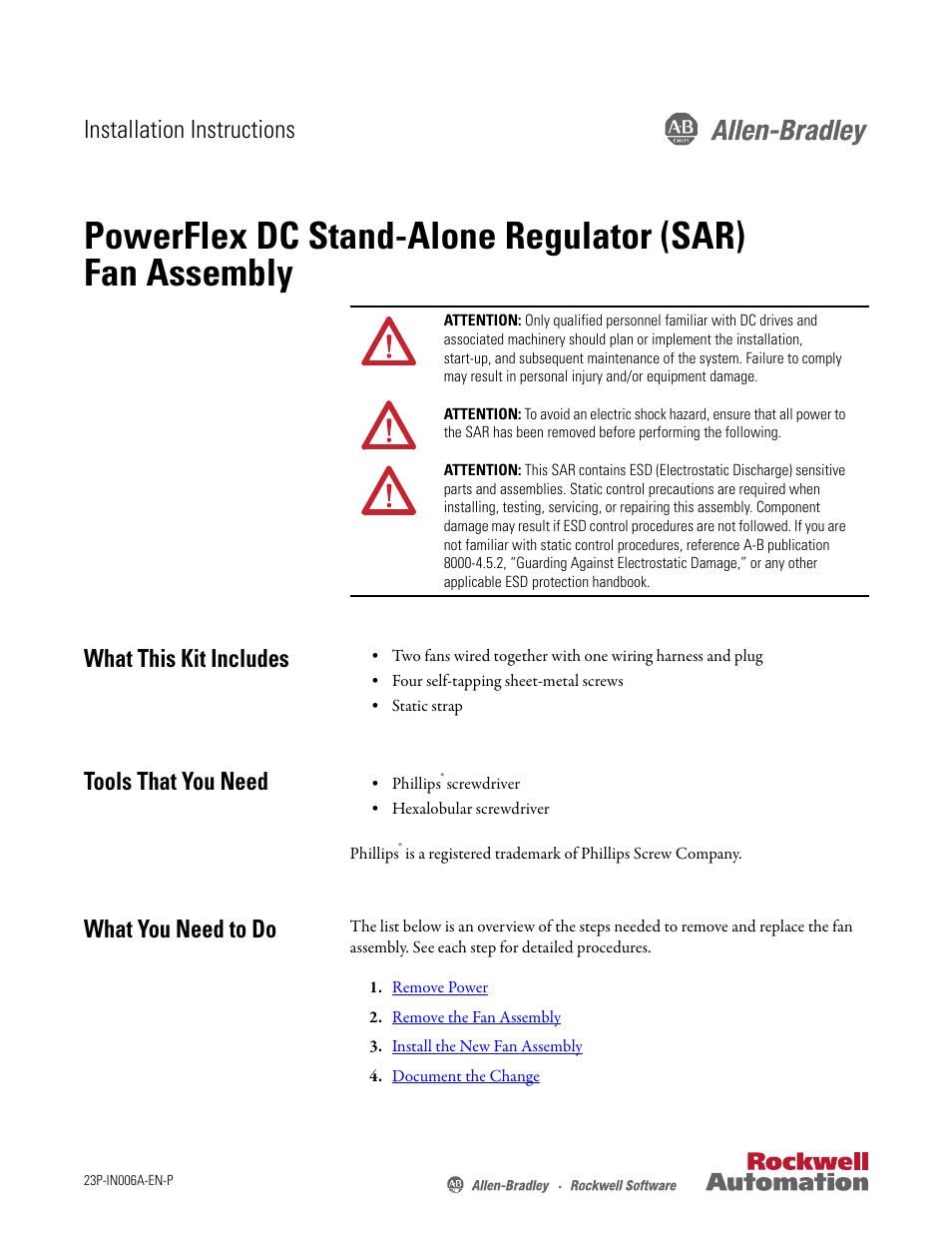 Rockwell Automation 23P PowerFlex DC Stand-Alone Regulator (SAR) Fan Assembly User Manual | 6 pages