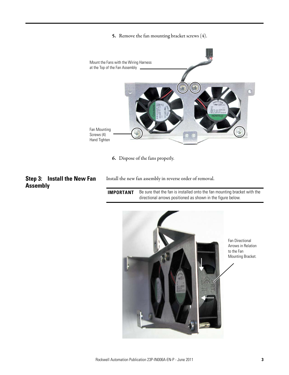 Step 3: install the new fan assembly, Install the new fan assembly | Rockwell Automation 23P PowerFlex DC Stand-Alone Regulator (SAR) Fan Assembly User Manual | Page 3 / 6