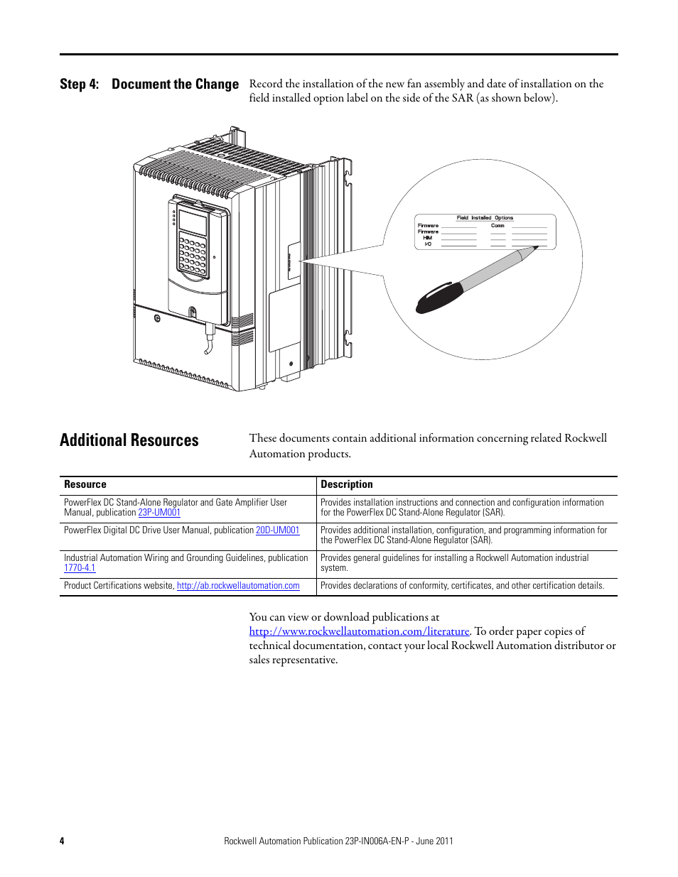 Step 4: document the change, Additional resources, Document the change | Rockwell Automation 23P PowerFlex DC Stand-Alone Regulator (SAR) Fan Assembly User Manual | Page 4 / 6