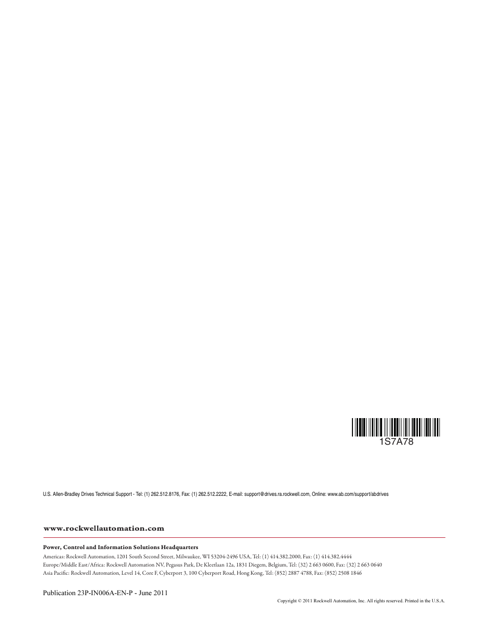 Back cover, 1s7a78 | Rockwell Automation 23P PowerFlex DC Stand-Alone Regulator (SAR) Fan Assembly User Manual | Page 6 / 6