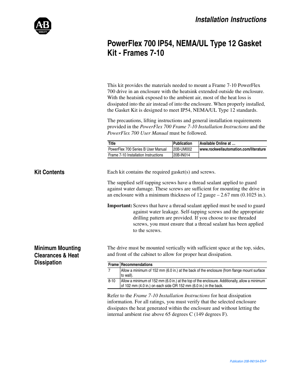 Rockwell Automation 20B PowerFlex 700 Gasket Kit - Frames 7-10 User Manual | 6 pages