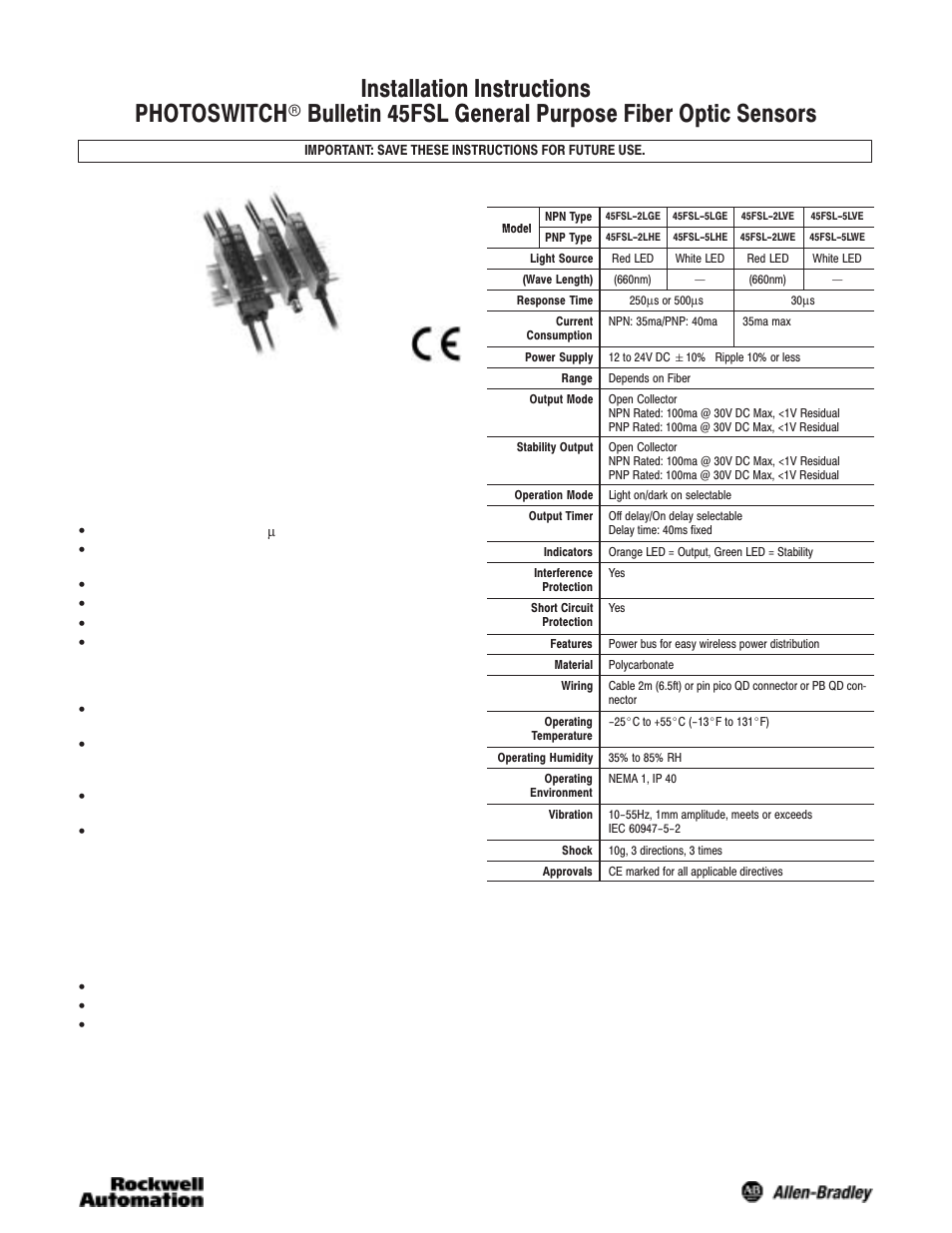 Rockwell Automation 45FSL General Purpose Fiber Optic Sensors User Manual | 4 pages