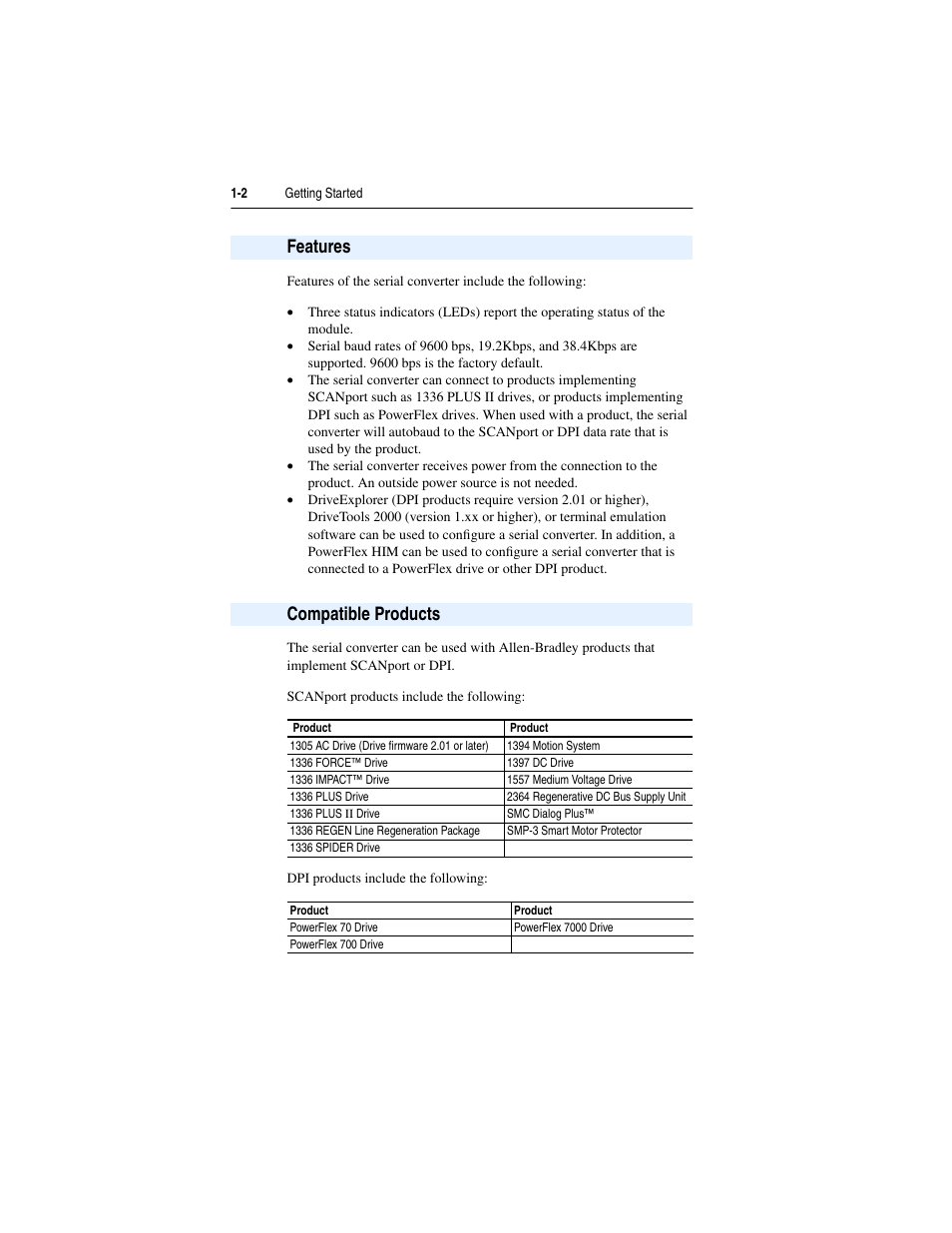 Features, Compatible products, Features -2 compatible products -2 | Features compatible products | Rockwell Automation 1203-SSS Smart Self-powered Serial Converter User Manual | Page 10 / 60