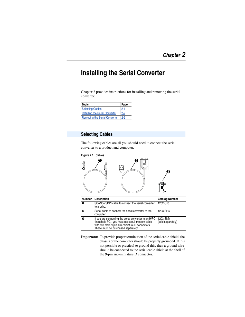 Chapter 2, Selecting cables, Installing the serial converter | Selecting cables -1, 2installing the serial converter, Chapter | Rockwell Automation 1203-SSS Smart Self-powered Serial Converter User Manual | Page 15 / 60