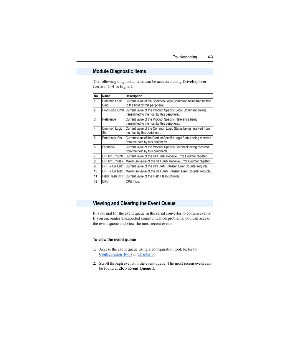 Module diagnostic items, Viewing and clearing the event queue | Rockwell Automation 1203-SSS Smart Self-powered Serial Converter User Manual | Page 29 / 60