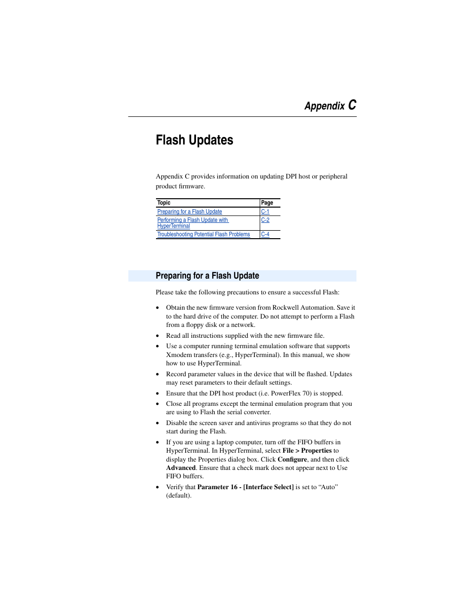 Appendix c, Preparing for a flash update, Flash updates | Cflash updates, Appendix | Rockwell Automation 1203-SSS Smart Self-powered Serial Converter User Manual | Page 41 / 60