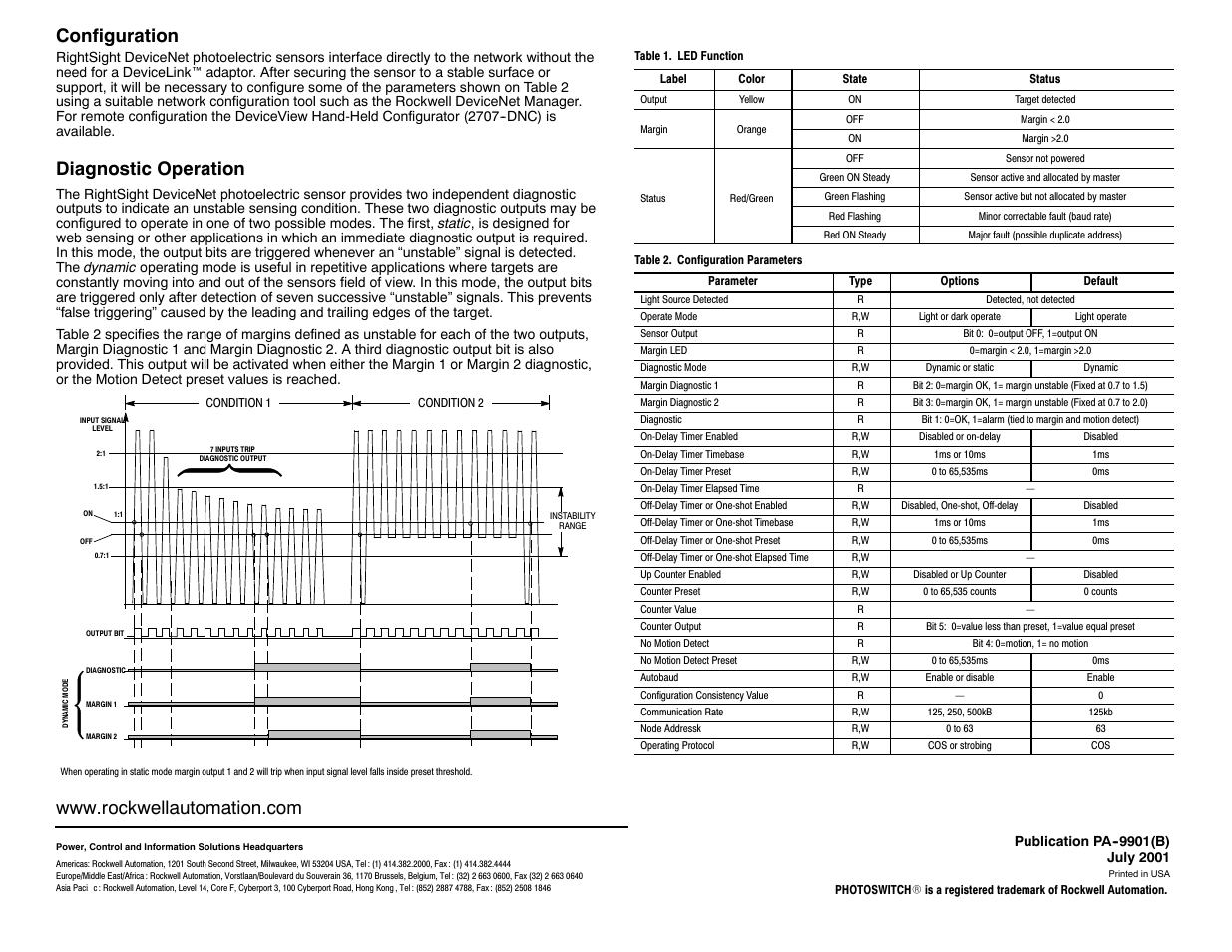 Configuration, Diagnostic operation | Rockwell Automation 42EF RightSight DeviceNet Photoelectric Sensors User Manual | Page 4 / 4