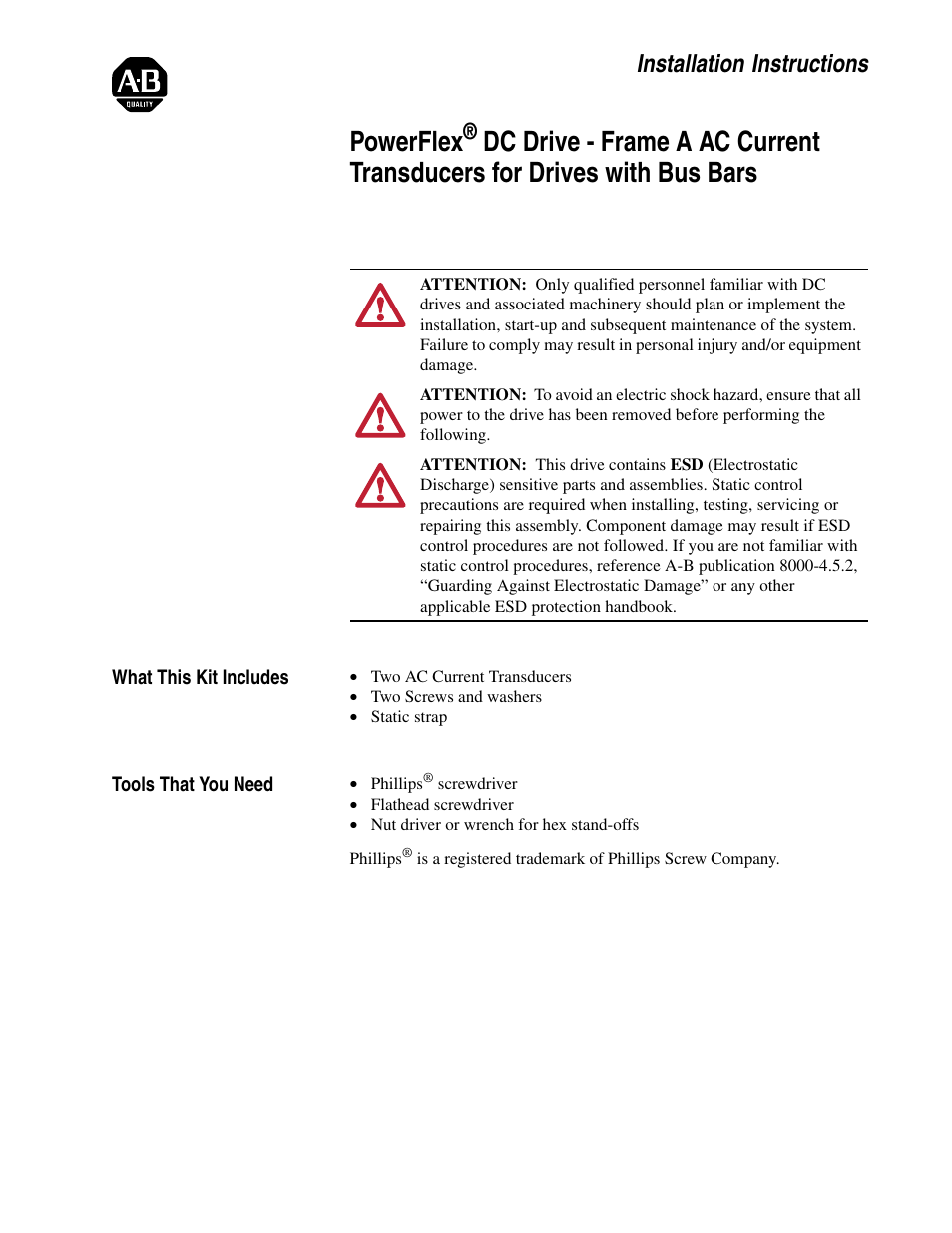 Rockwell Automation 20P PowerFlex DC Drive - Frame A AC CurrentTransducers for Drives w/Bus Bars User Manual | 16 pages