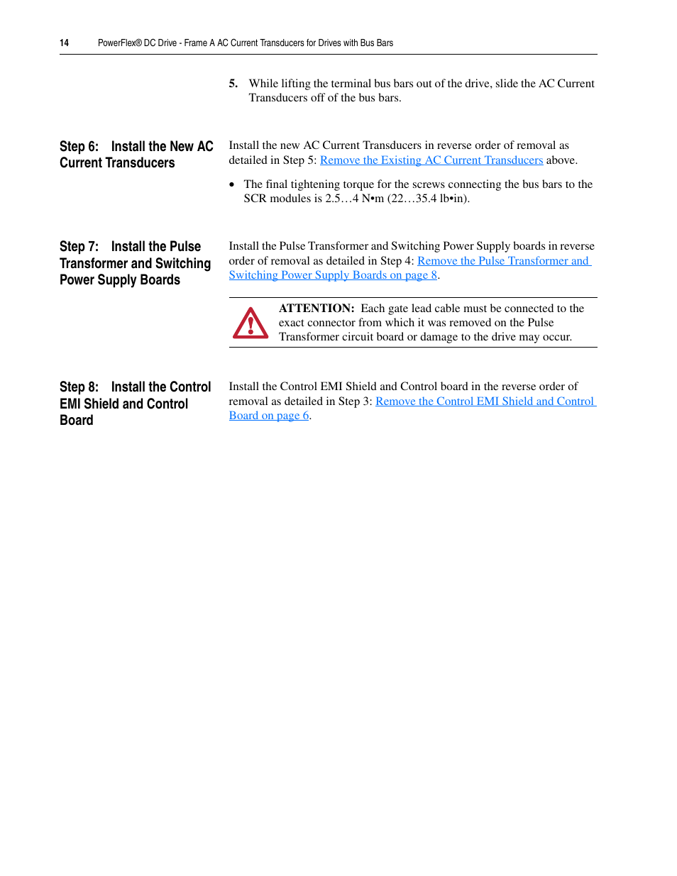 Step 6: install the new ac current transducers | Rockwell Automation 20P PowerFlex DC Drive - Frame A AC CurrentTransducers for Drives w/Bus Bars User Manual | Page 14 / 16