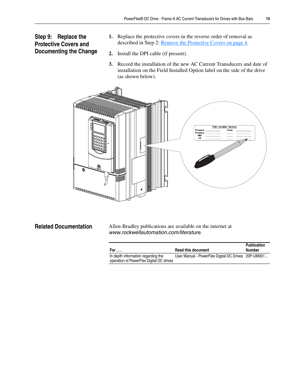 Related documentation | Rockwell Automation 20P PowerFlex DC Drive - Frame A AC CurrentTransducers for Drives w/Bus Bars User Manual | Page 15 / 16