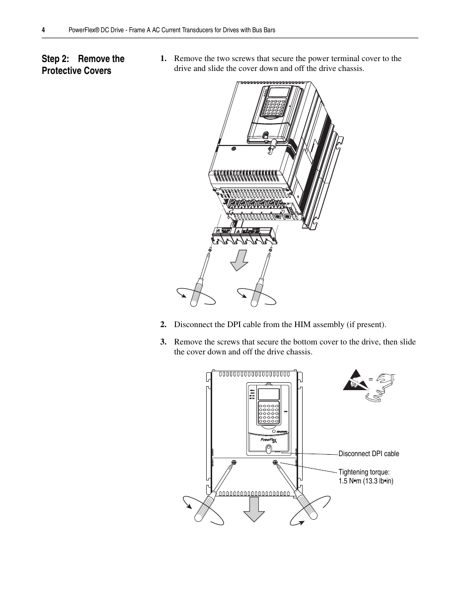 Step 2: remove the protective covers | Rockwell Automation 20P PowerFlex DC Drive - Frame A AC CurrentTransducers for Drives w/Bus Bars User Manual | Page 4 / 16