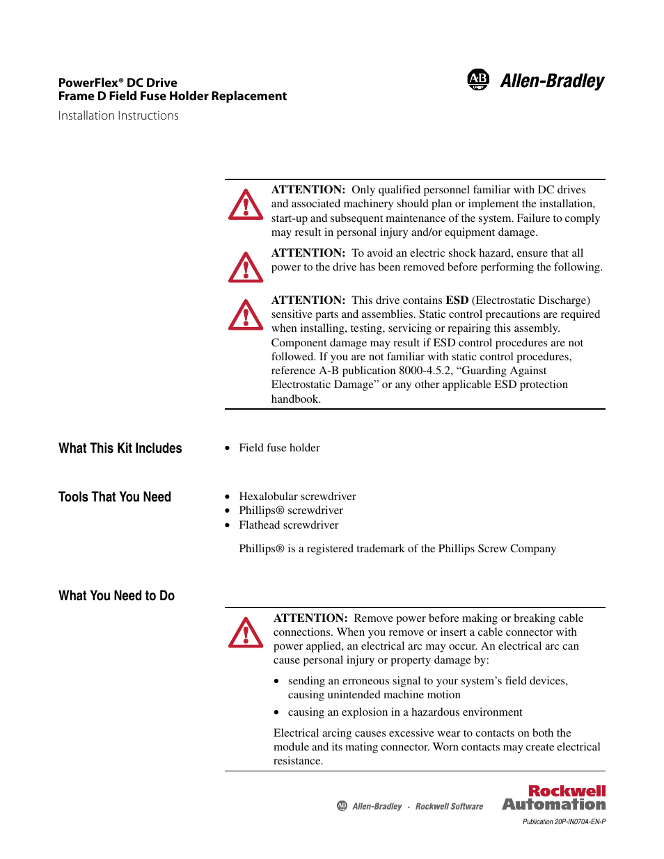 Rockwell Automation 20P PowerFlex DC Drive - Frame D Field Fuse Holder Replacement User Manual | 6 pages