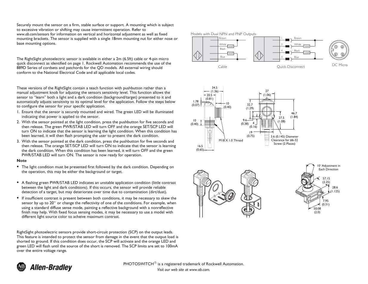 Mounting the sensor, Wiring the sensor, Configuring the sensor | Short-circuit protection, Wiring diagrams, Dimensions—mm (inches), Accessories | Rockwell Automation 42EF RightSight Photoelectric Sensors with Teach Function User Manual | Page 2 / 2