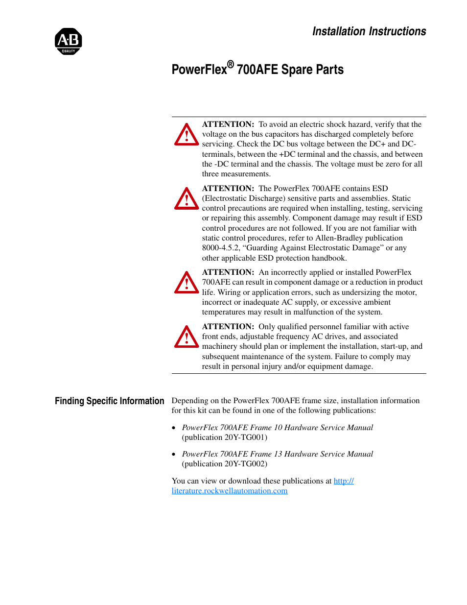 Rockwell Automation 20Y PowerFlex 700AFE Spare Parts Installation Instructions User Manual | 2 pages