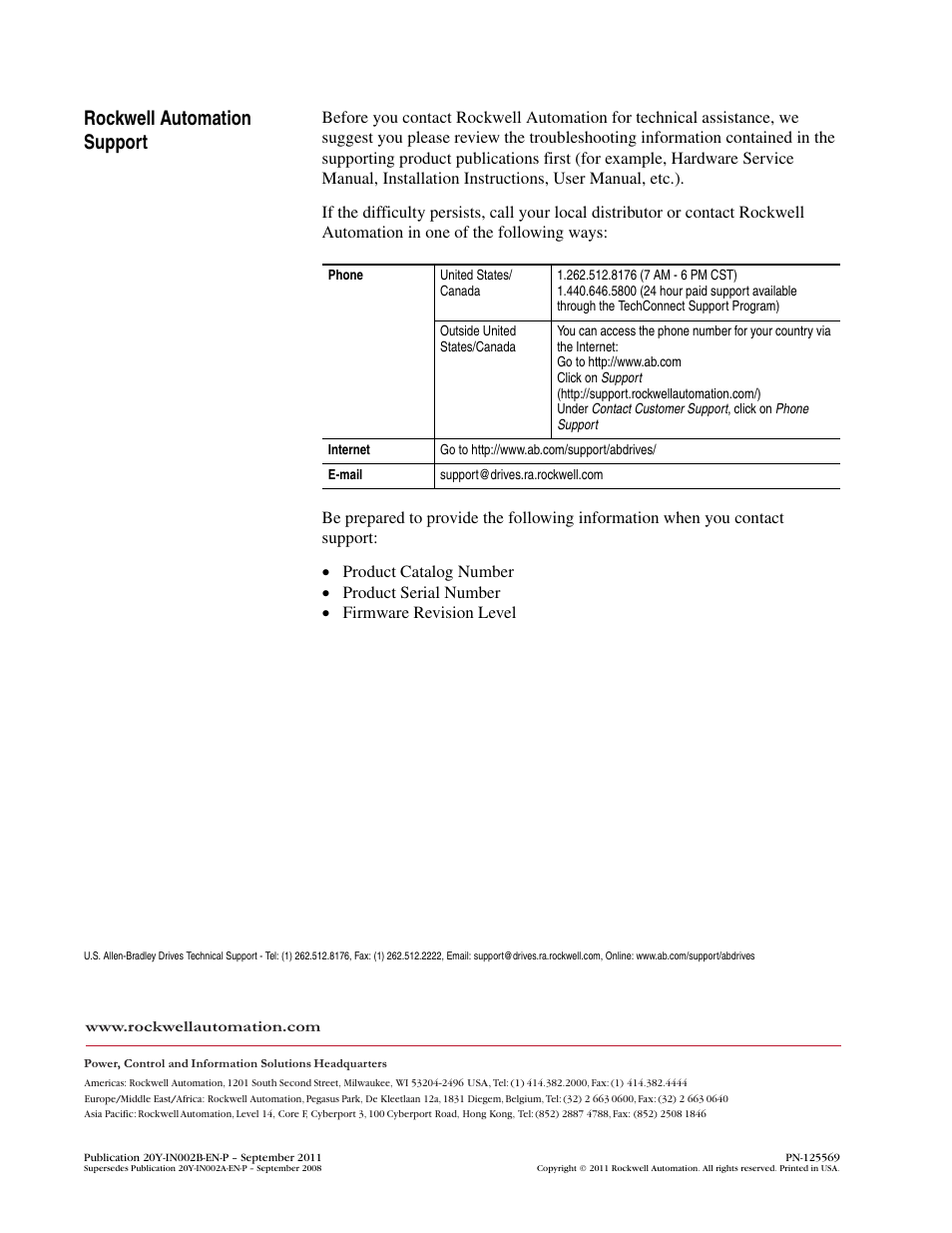 Rockwell automation support, Publication 20y-in002b-en-p september 2011 | Rockwell Automation 20Y PowerFlex 700AFE Spare Parts Installation Instructions User Manual | Page 2 / 2