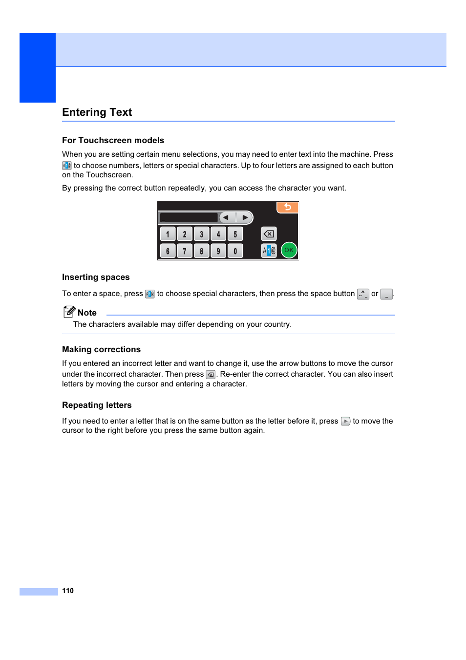 Entering text, For touchscreen models, Inserting spaces | Making corrections, Repeating letters | Brother DCP-6690CW User Manual | Page 116 / 134
