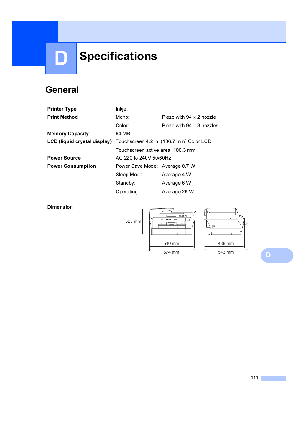 D specifications, General, Specifications | Brother DCP-6690CW User Manual | Page 117 / 134
