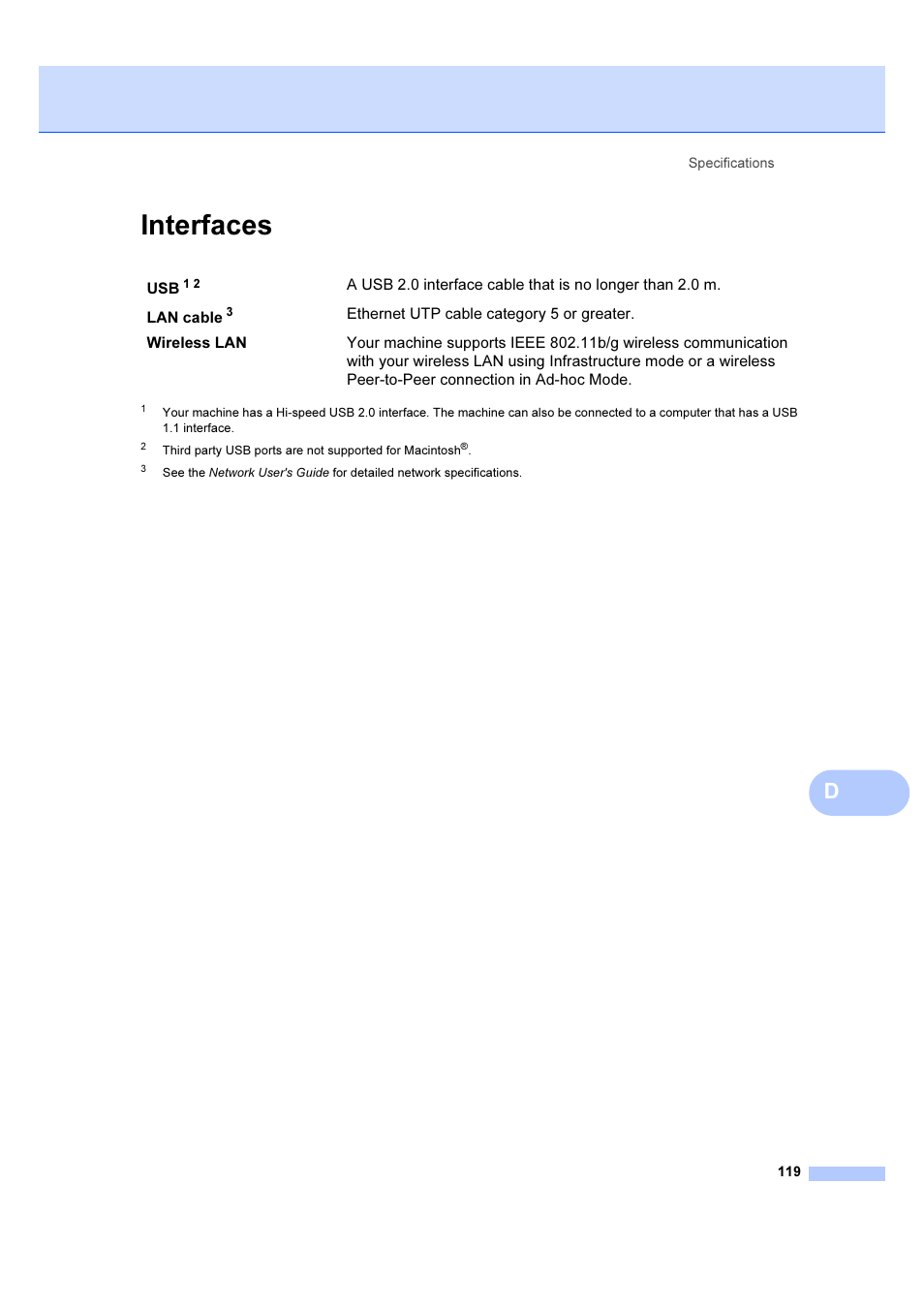 Interfaces | Brother DCP-6690CW User Manual | Page 125 / 134