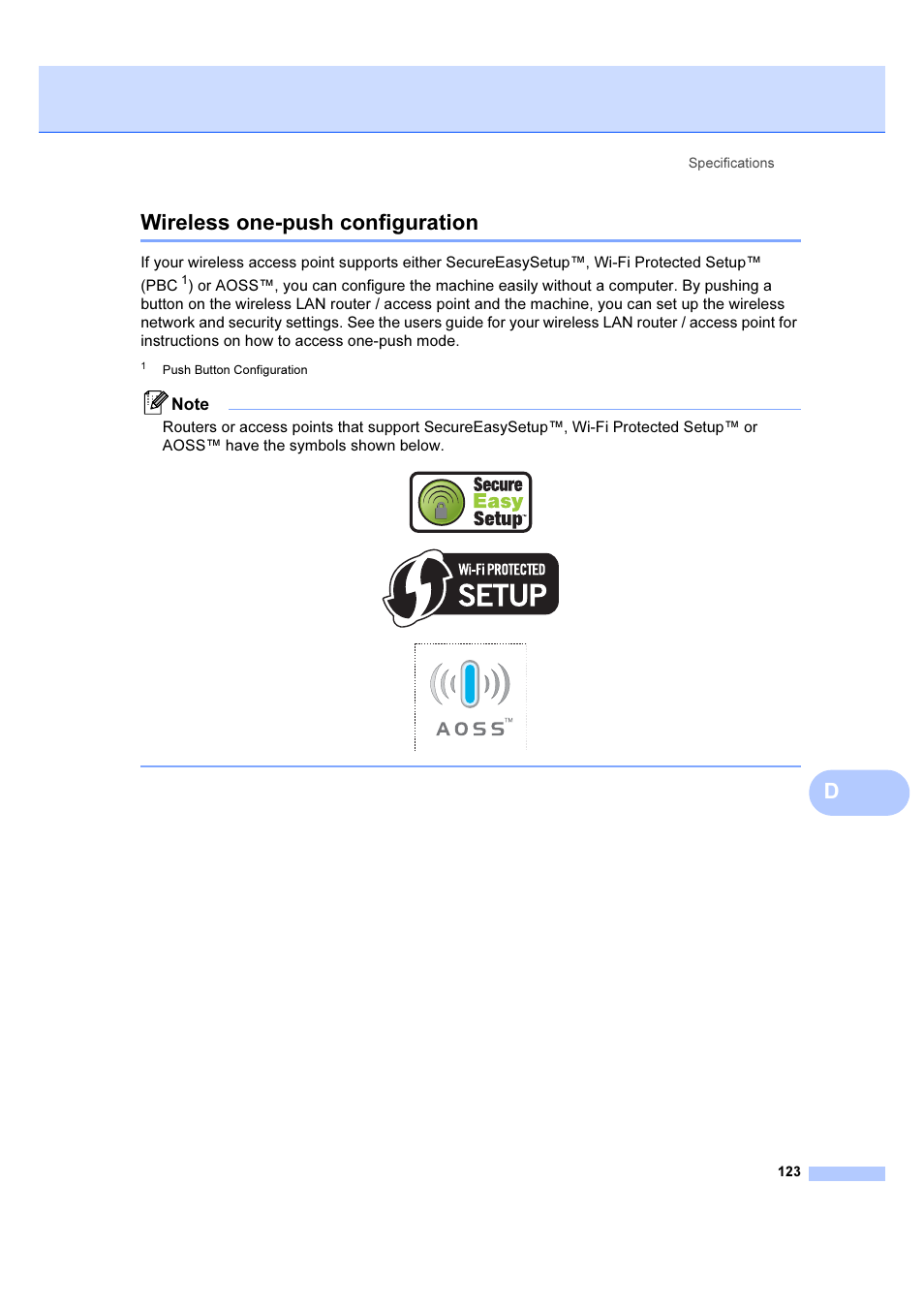 Wireless one-push configuration, Dwireless one-push configuration | Brother DCP-6690CW User Manual | Page 129 / 134
