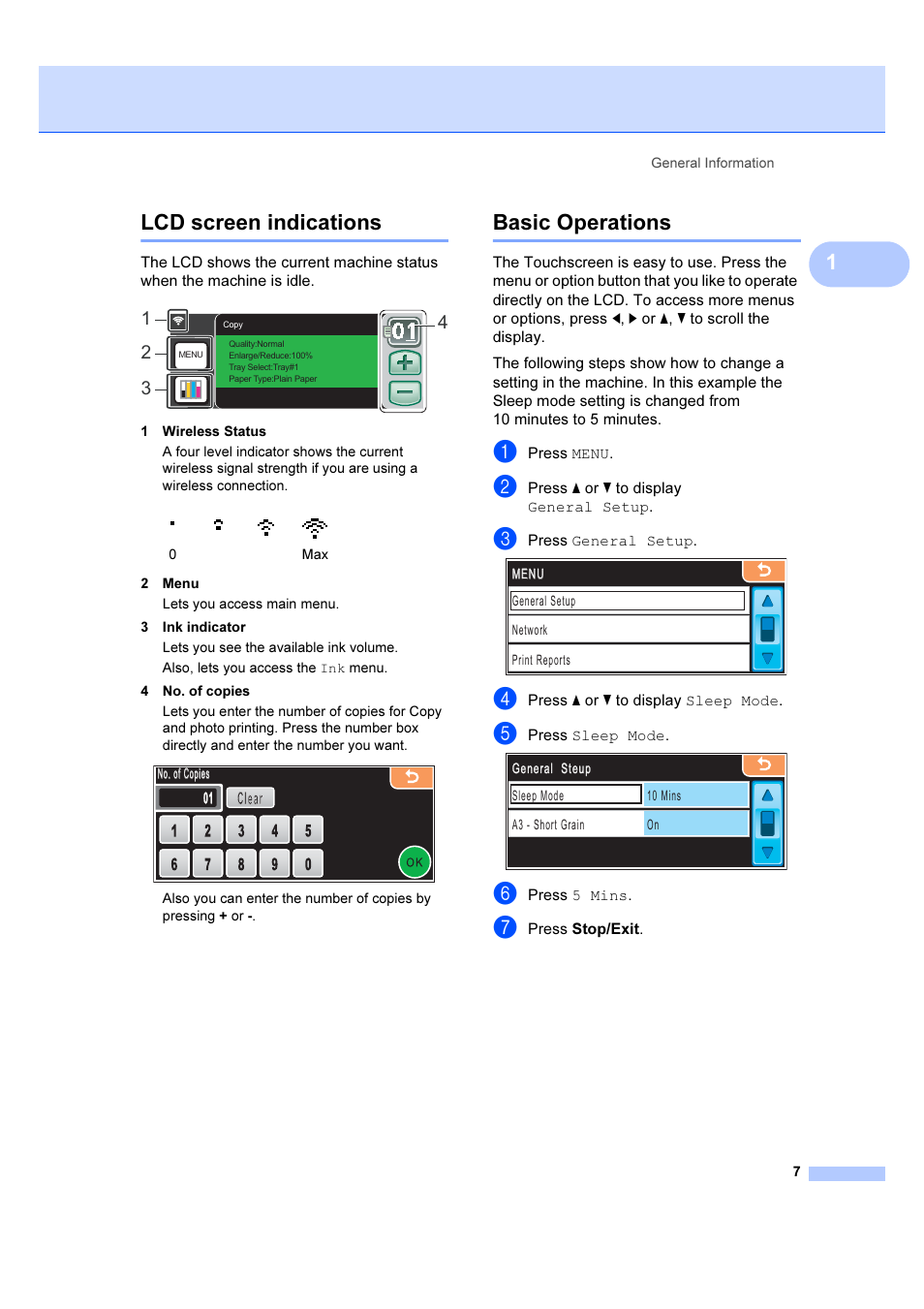 Lcd screen indications, Basic operations, Lcd screen indications basic operations | 1lcd screen indications | Brother DCP-6690CW User Manual | Page 13 / 134