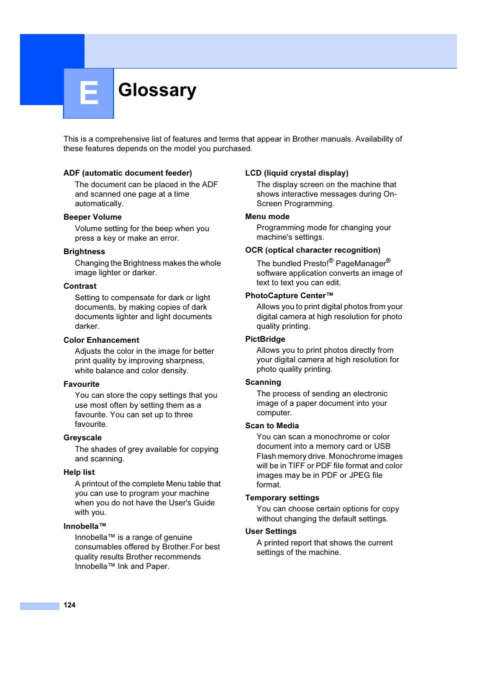 E glossary, Glossary | Brother DCP-6690CW User Manual | Page 130 / 134