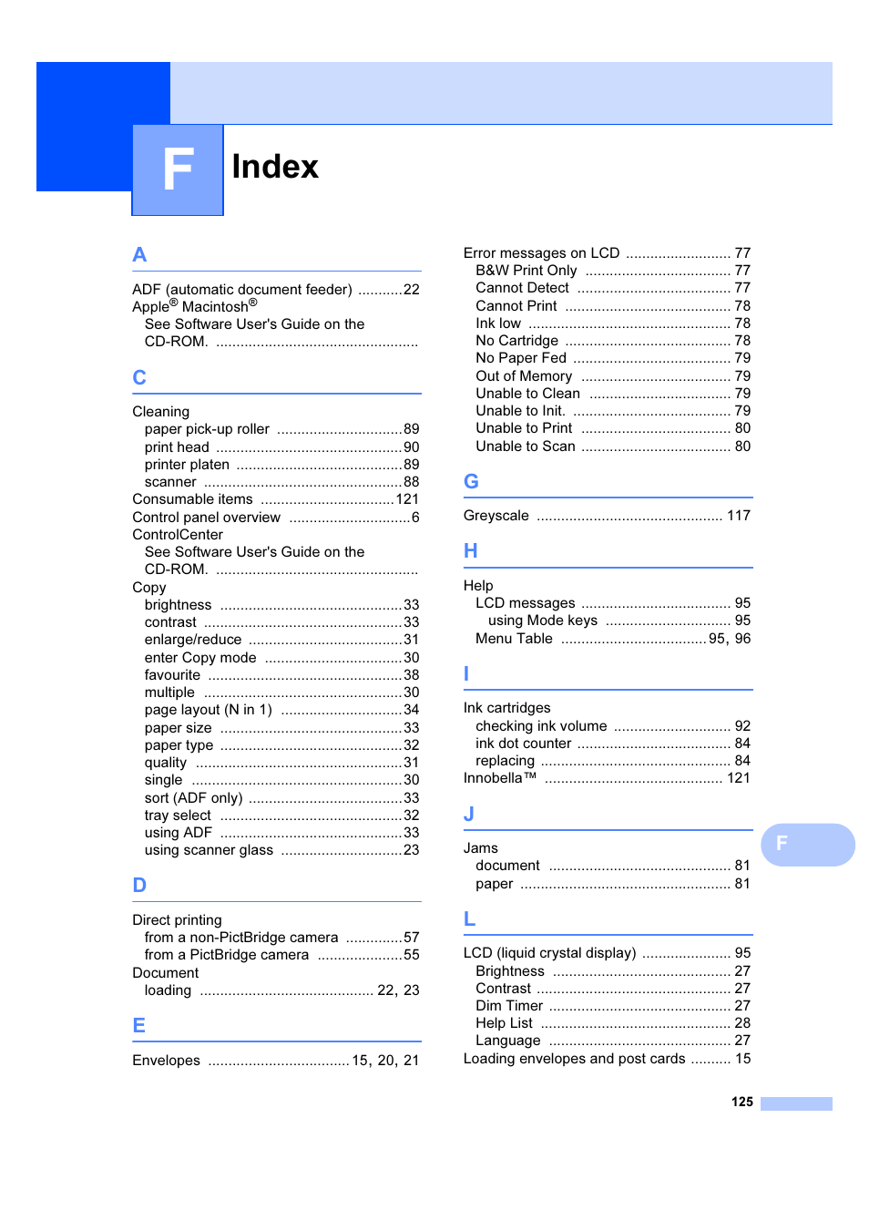 Index | Brother DCP-6690CW User Manual | Page 131 / 134