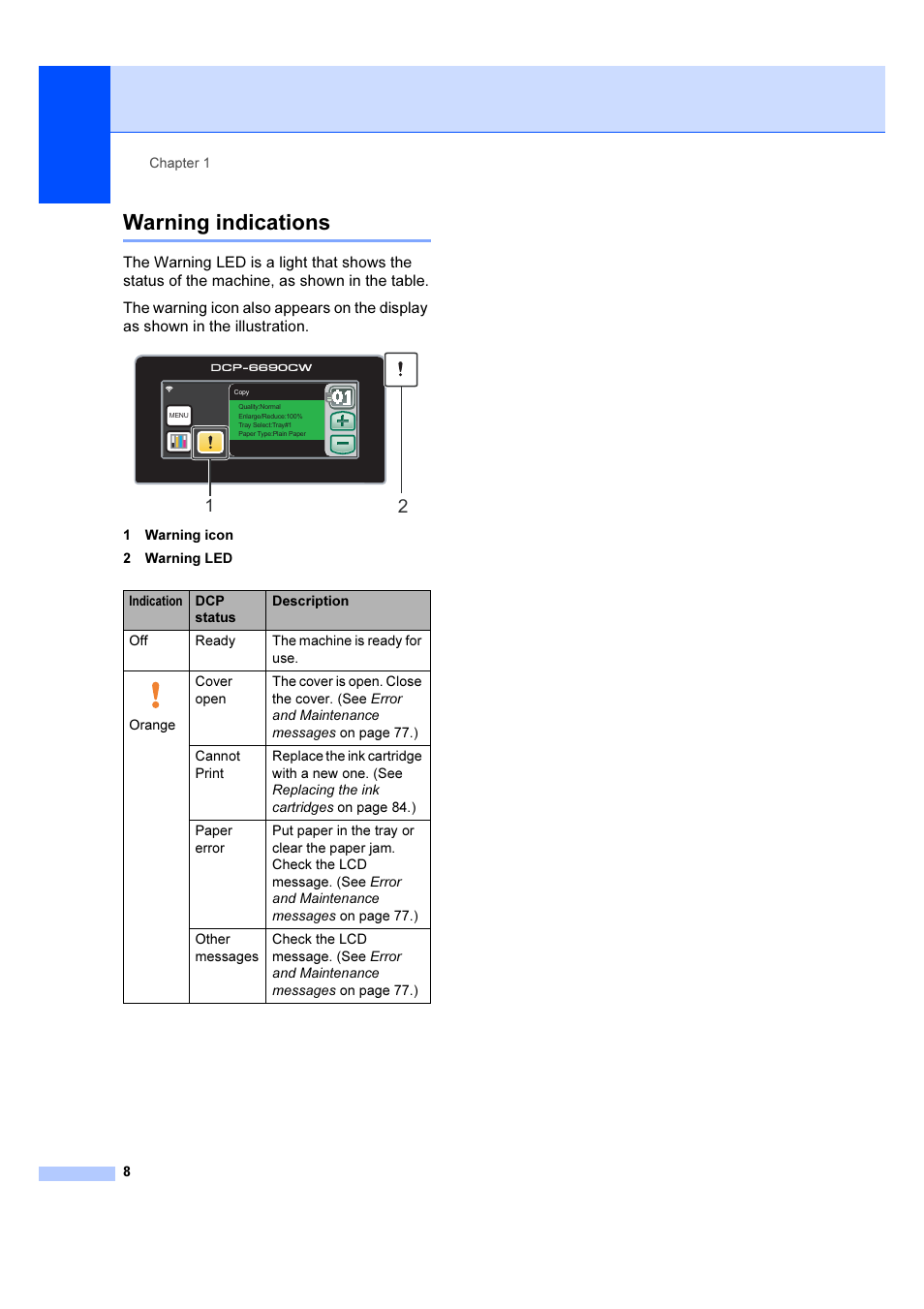 Warning indications | Brother DCP-6690CW User Manual | Page 14 / 134