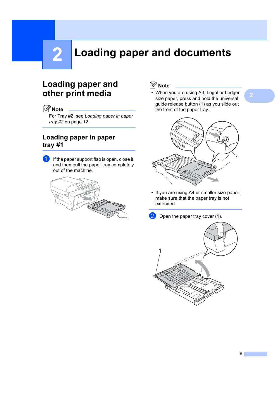 2 loading paper and documents, Loading paper and other print media, Loading paper in paper tray #1 | Loading paper and documents | Brother DCP-6690CW User Manual | Page 15 / 134