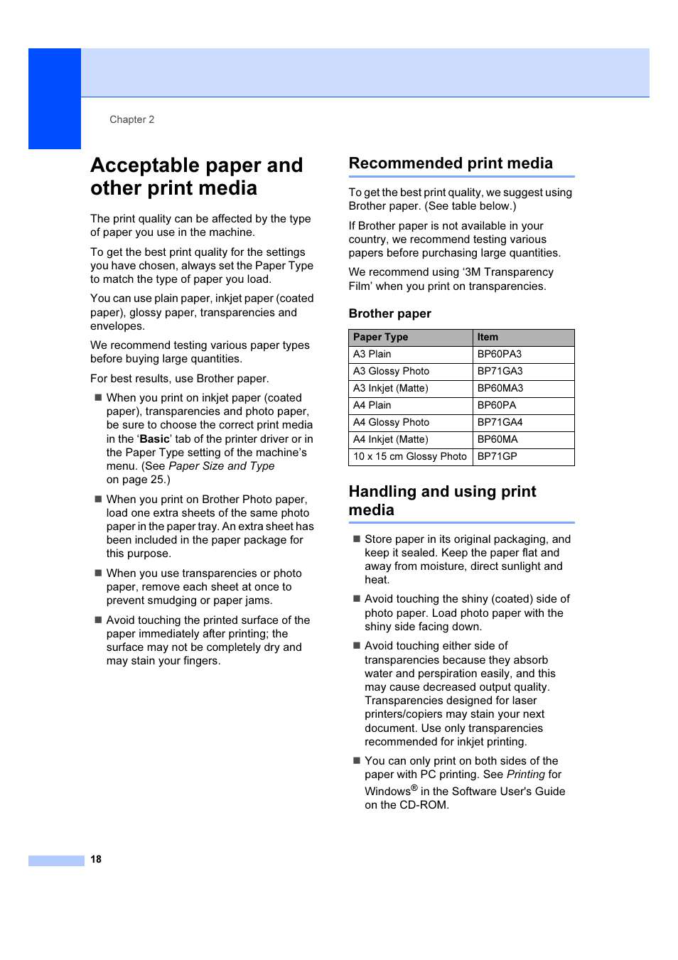Acceptable paper and other print media, Recommended print media, Handling and using print media | Brother DCP-6690CW User Manual | Page 24 / 134