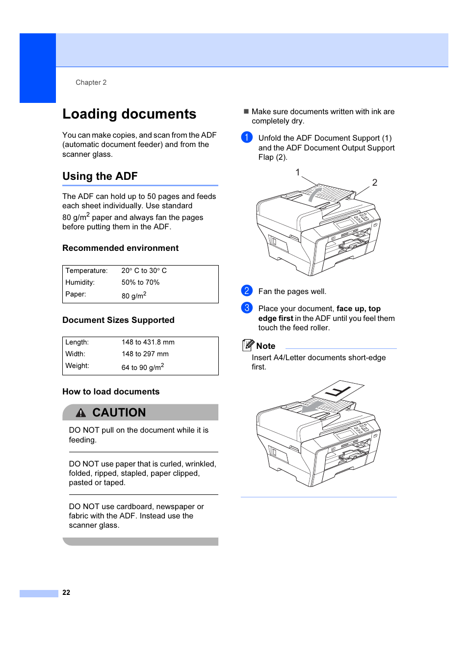 Loading documents, Using the adf, Recommended environment | Document sizes supported, How to load documents, Caution | Brother DCP-6690CW User Manual | Page 28 / 134
