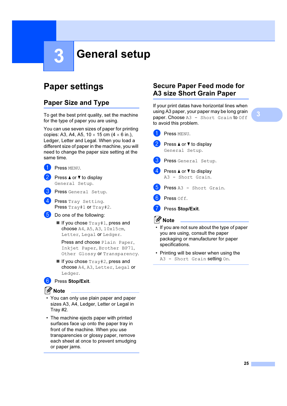 3 general setup, Paper settings, Paper size and type | General setup | Brother DCP-6690CW User Manual | Page 31 / 134