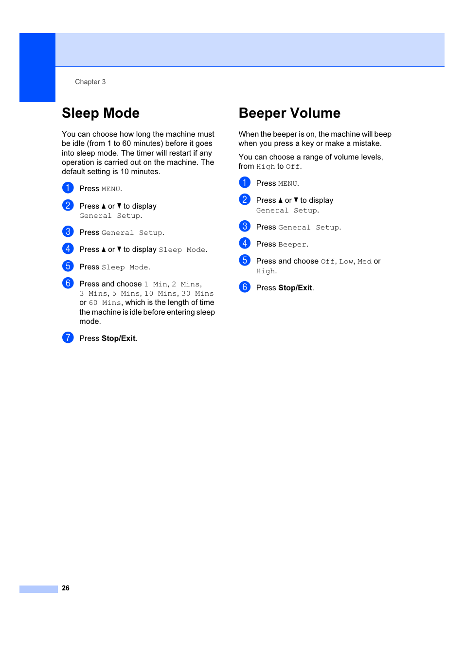 Sleep mode, Beeper volume, Sleep mode beeper volume | Brother DCP-6690CW User Manual | Page 32 / 134