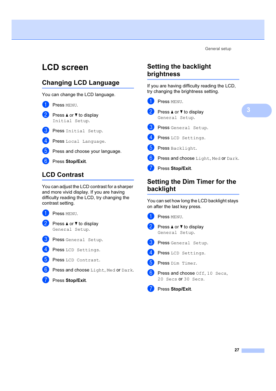 Lcd screen, Changing lcd language, Lcd contrast | Setting the backlight brightness, Setting the dim timer for the backlight | Brother DCP-6690CW User Manual | Page 33 / 134