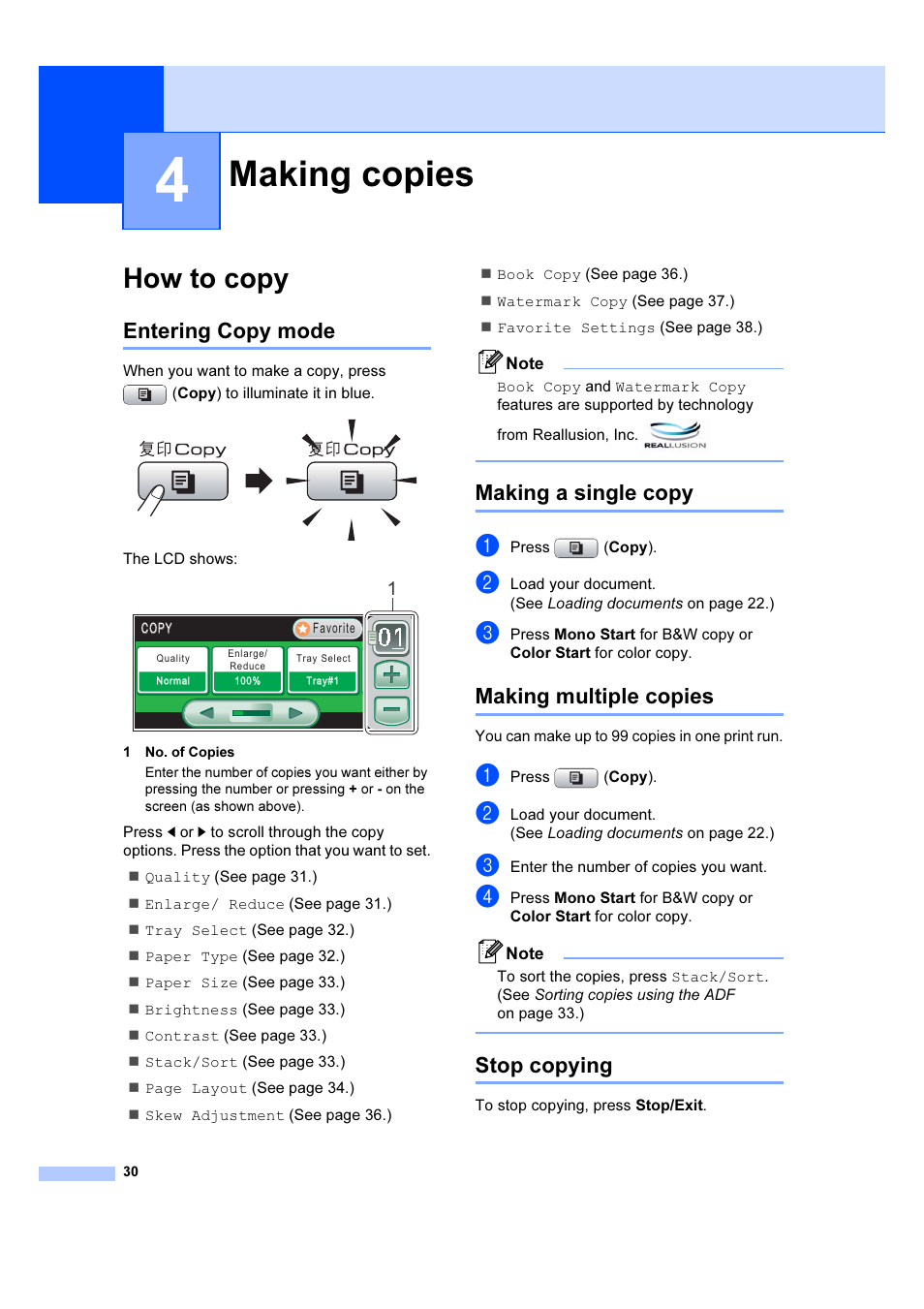 4 making copies, How to copy, Entering copy mode | Making a single copy, Making multiple copies, Stop copying, Making copies | Brother DCP-6690CW User Manual | Page 36 / 134