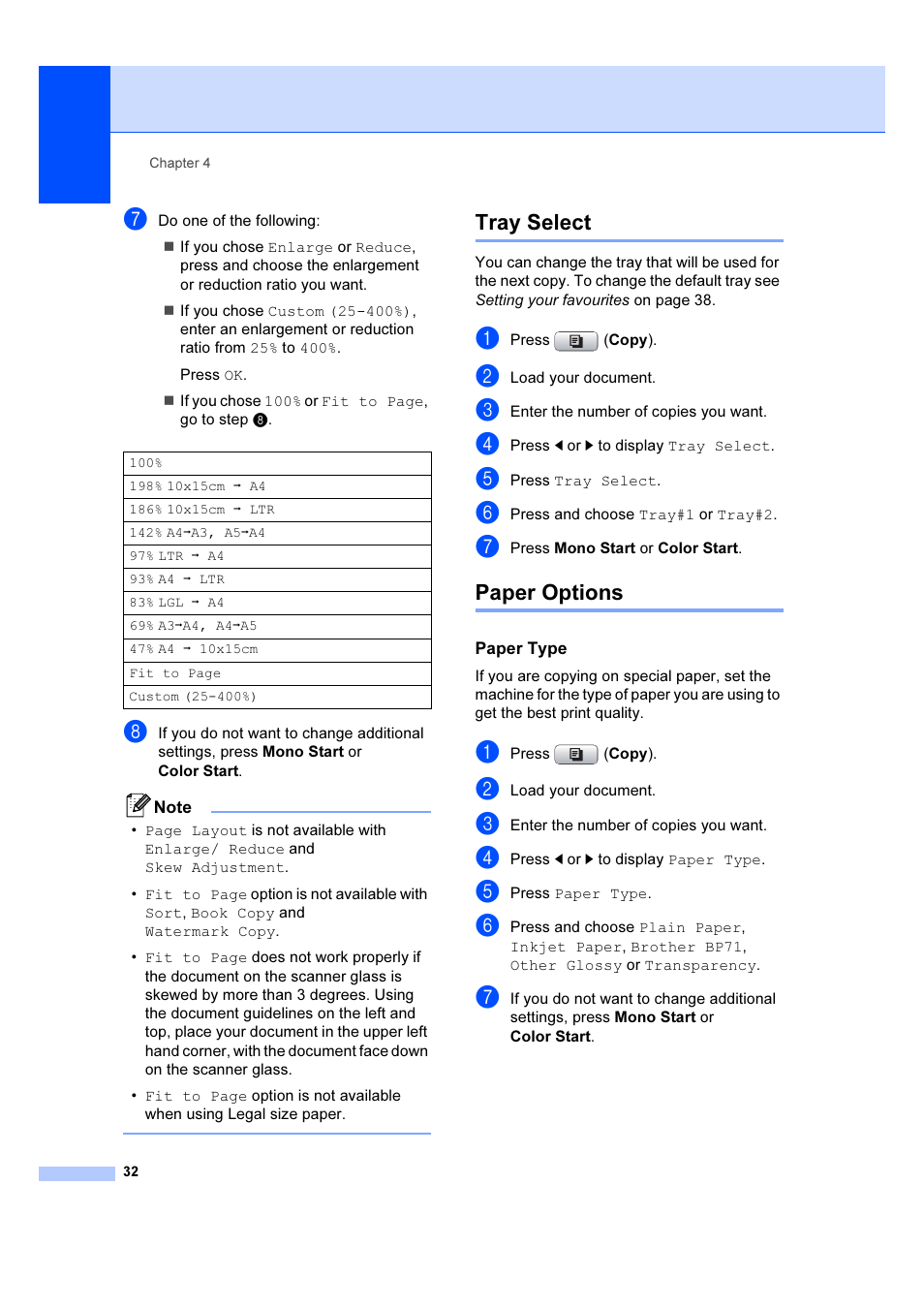 Tray select, Paper options, Paper type | Tray select paper options | Brother DCP-6690CW User Manual | Page 38 / 134
