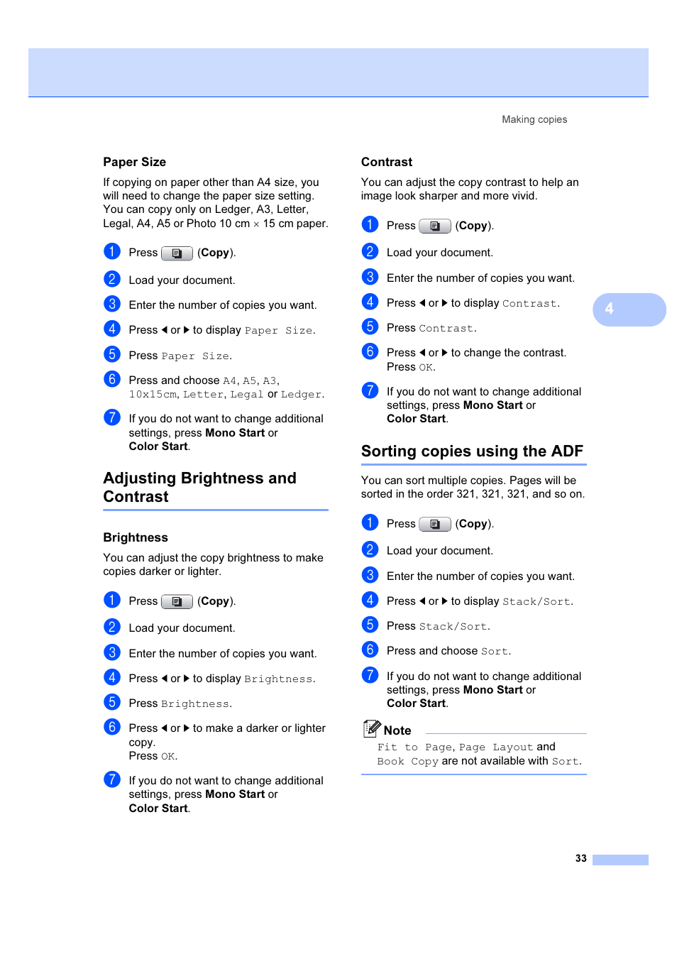 Paper size, Adjusting brightness and contrast, Brightness | Contrast, Sorting copies using the adf | Brother DCP-6690CW User Manual | Page 39 / 134