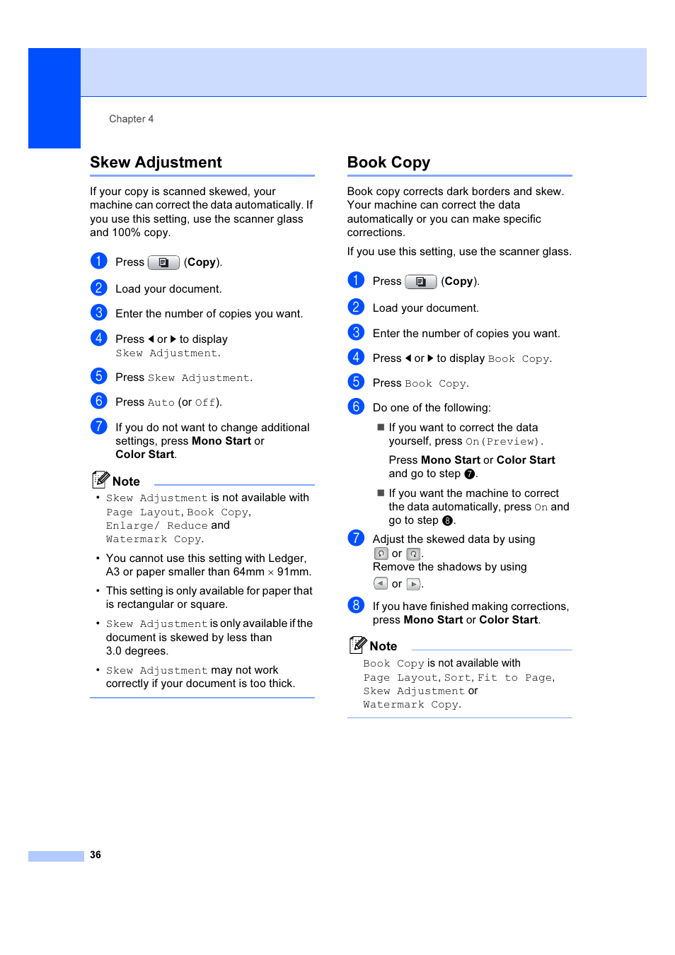 Skew adjustment, Book copy, Skew adjustment book copy | Brother DCP-6690CW User Manual | Page 42 / 134