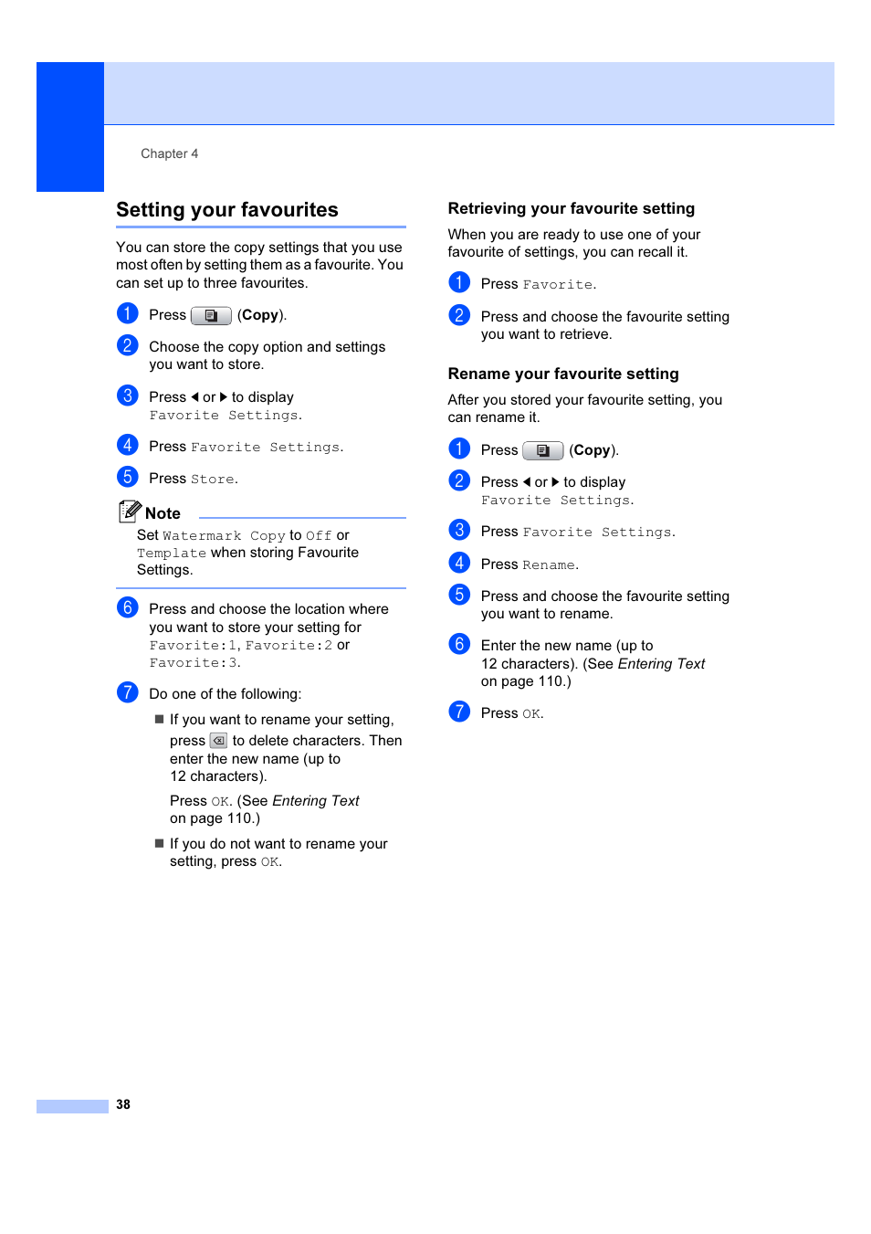 Setting your favourites, Retrieving your favourite setting, Rename your favourite setting | Brother DCP-6690CW User Manual | Page 44 / 134