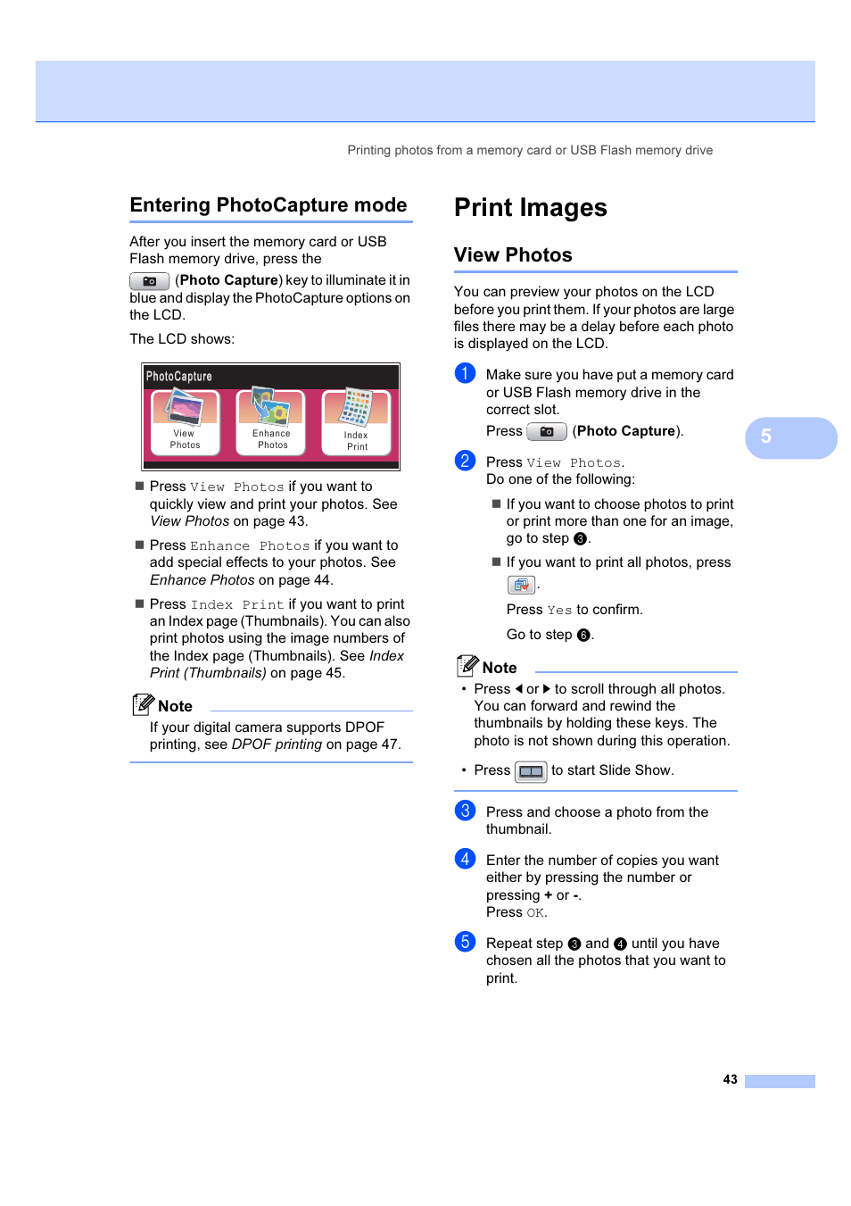 Entering photocapture mode, Print images, View photos | 5entering photocapture mode | Brother DCP-6690CW User Manual | Page 49 / 134
