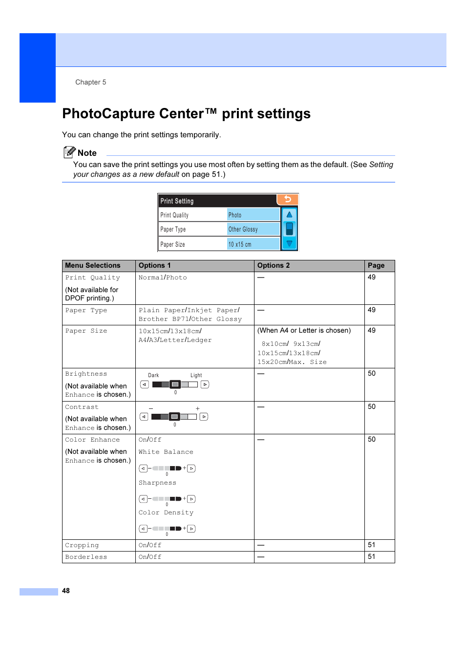 Photocapture center™ print settings | Brother DCP-6690CW User Manual | Page 54 / 134